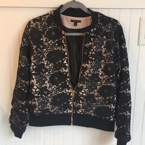Black/Blush lace bomber jacket by Stella & Dot